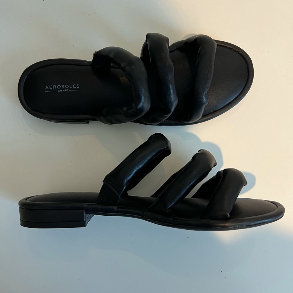 Aerosole Black Leather Slides/ Sandals
